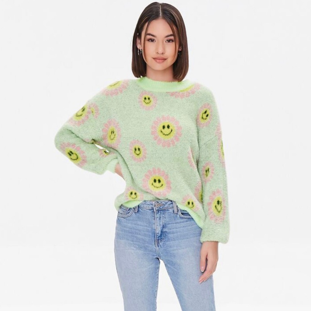 Forever 21 Pastel Green Eyelash Knit Fuzzy Floral Happy Smiley Face Sweater S - Picture 1 of 5